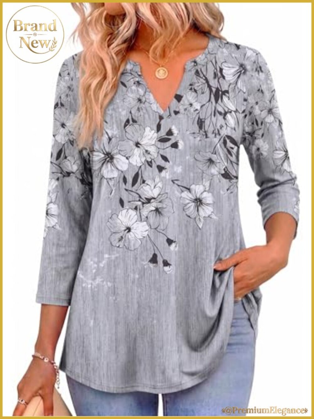 3/4 Sleeve V-Neck Tunic Blouse High Low Hem Dressy Casual Top